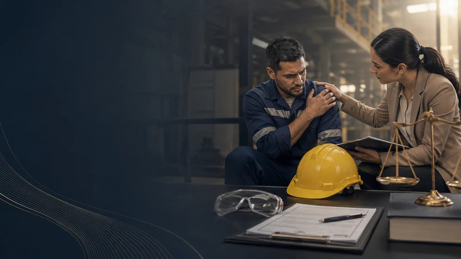 Trabalhador lesionado sendo orientado em um ambiente industrial.