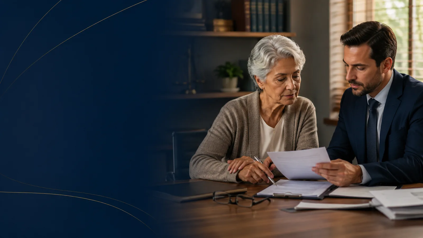 Mulher idosa analisando documentos previdenciários com um profissional em um escritório.