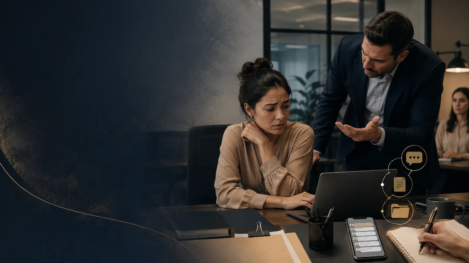 Profissional em situação de constrangimento no ambiente de trabalho, com registros e documentos sobre a mesa.