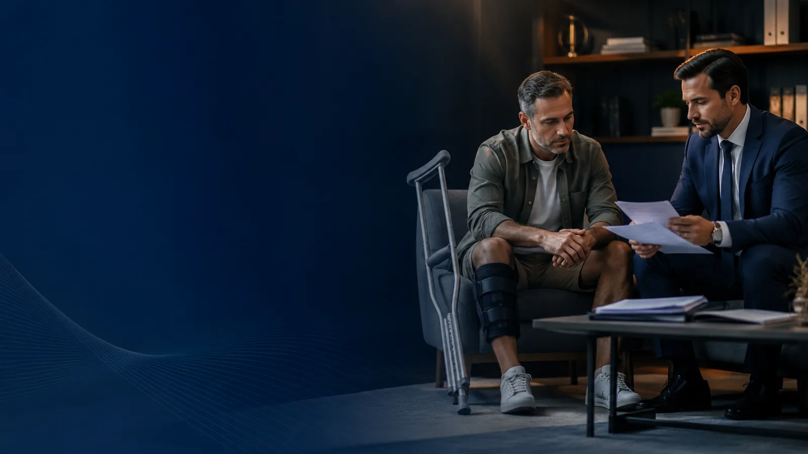 Trabalhador lesionado analisando documentos relacionados a benefícios por incapacidade.