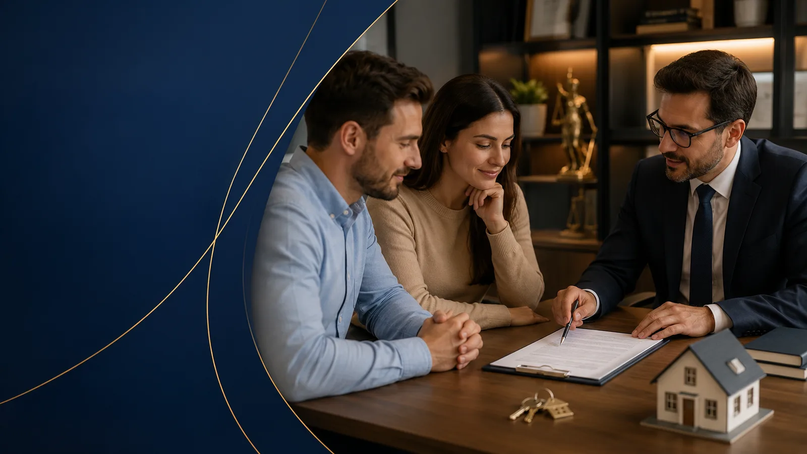 Casal analisando um contrato de locação com um advogado, ao lado de chaves e uma miniatura de imóvel.