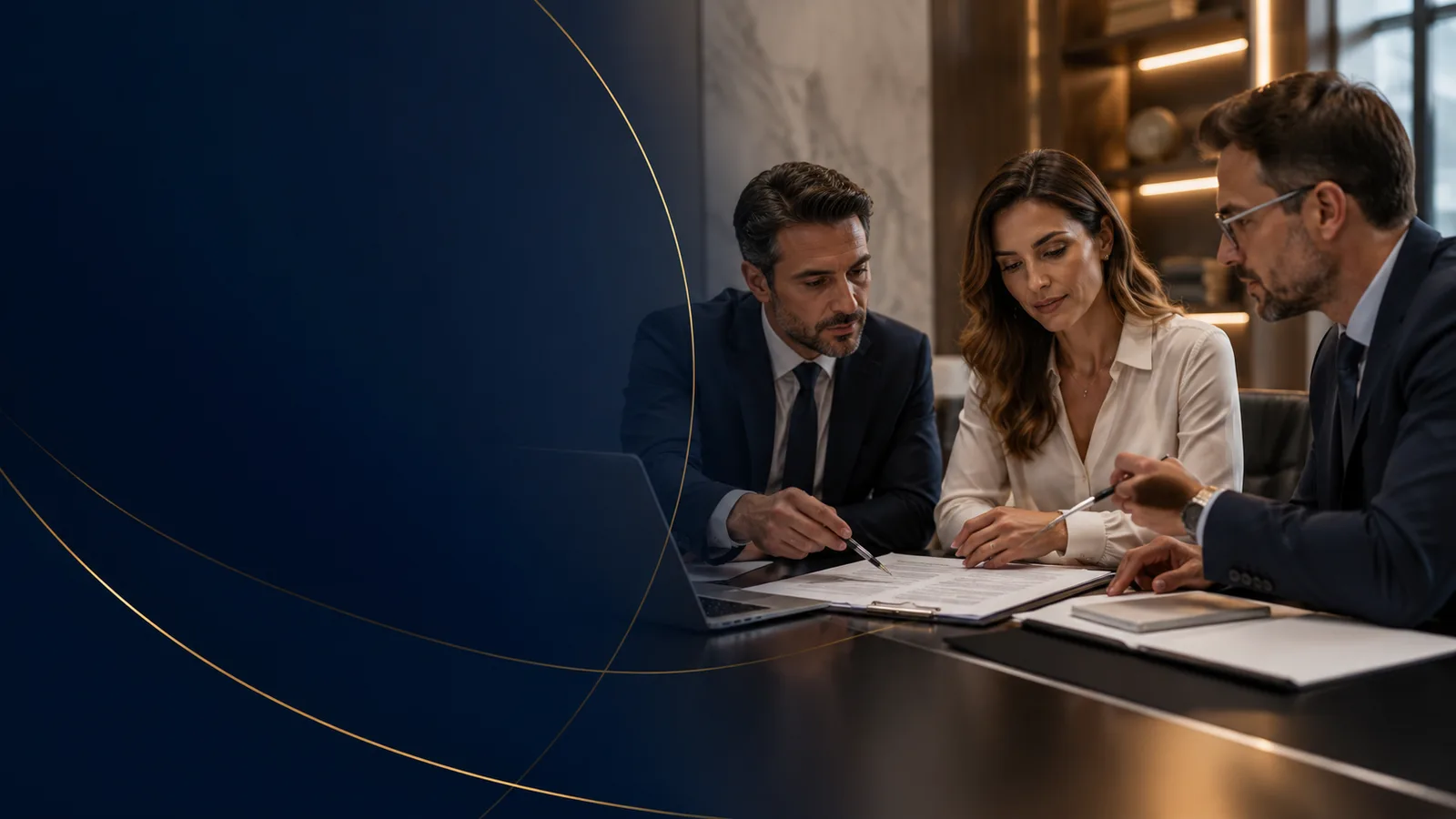 Empresários revisando documentos relacionados ao contrato social de uma empresa.