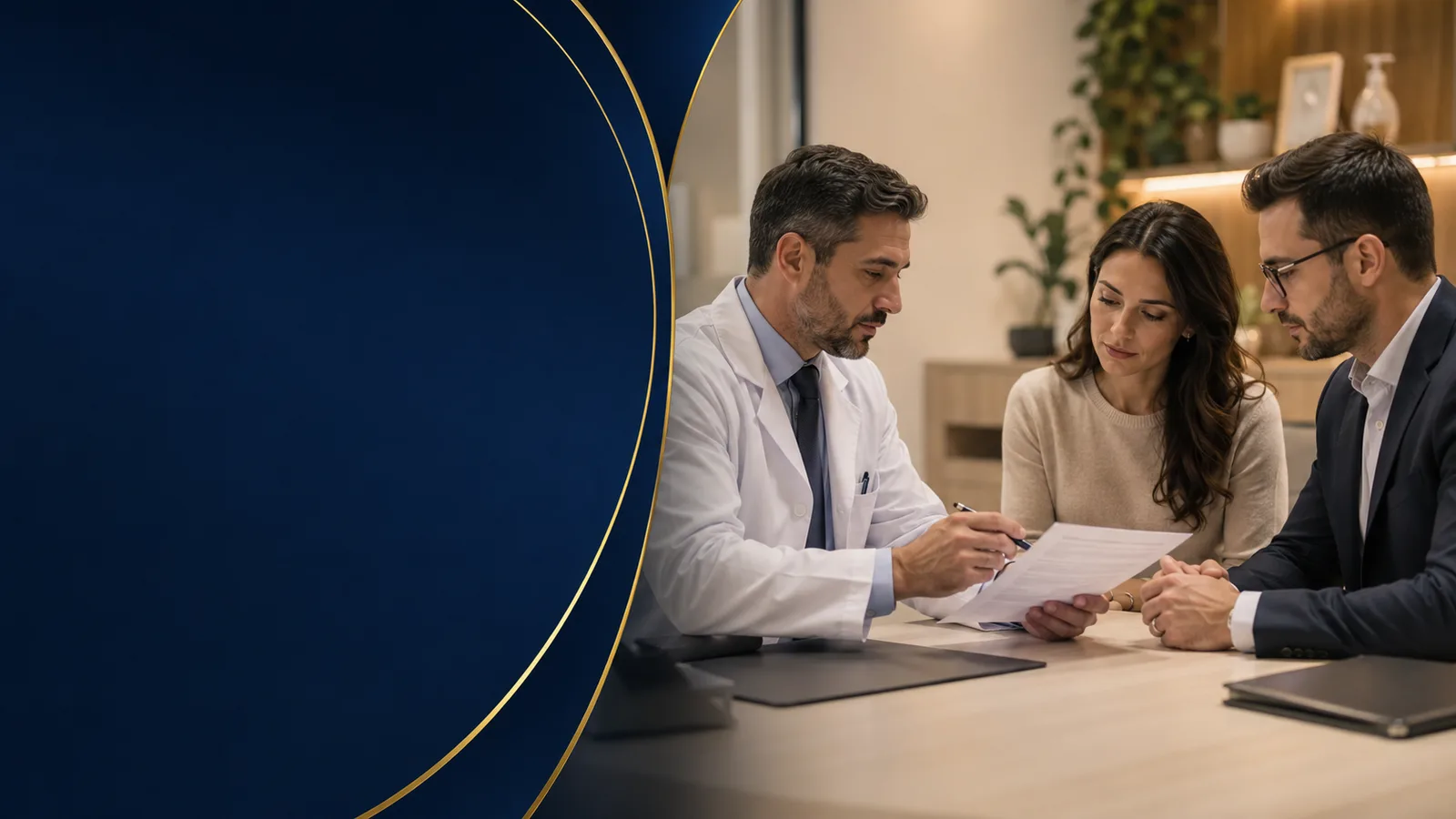 Profissionais da saúde e do Direito analisando contratos de uma clínica.
