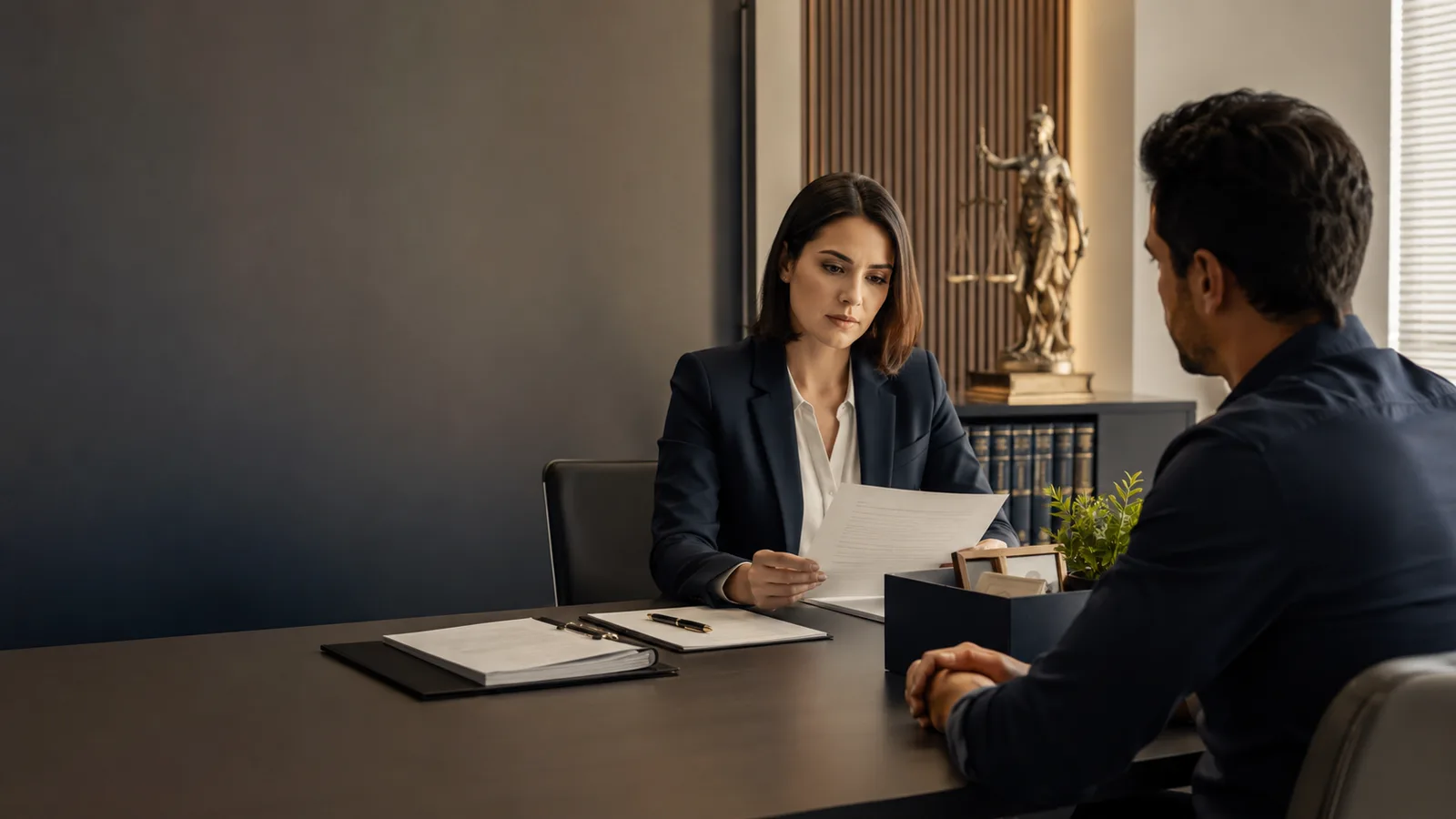 Reunião formal envolvendo trabalhador, documentos e encerramento do vínculo de trabalho.