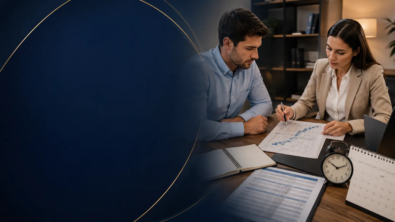 Profissional analisando controle de jornada, horários e banco de horas com um trabalhador.