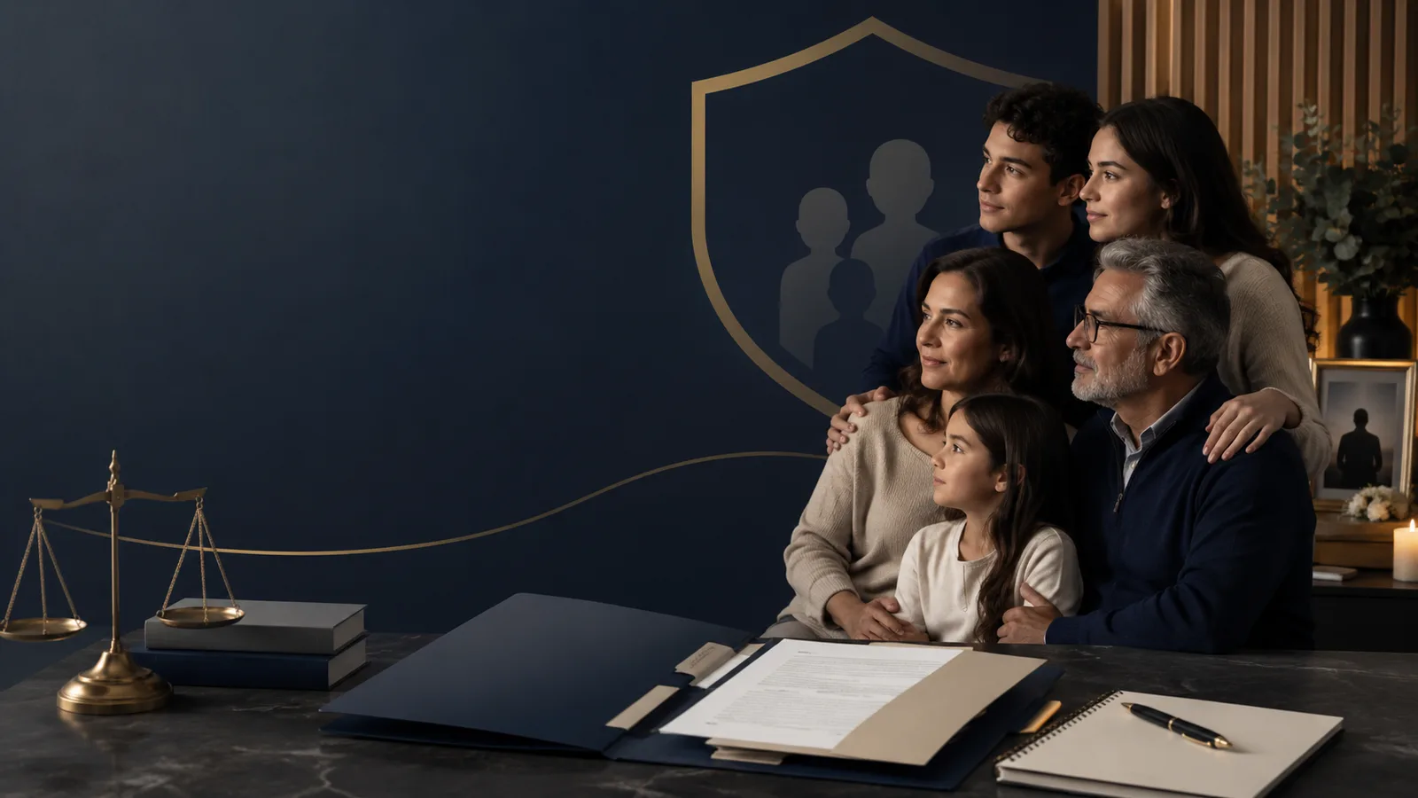Família reunida em uma representação de proteção familiar e análise de dependentes.