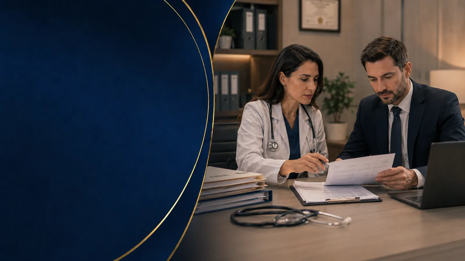 Médica e profissional jurídico analisando prontuários e documentos médicos.