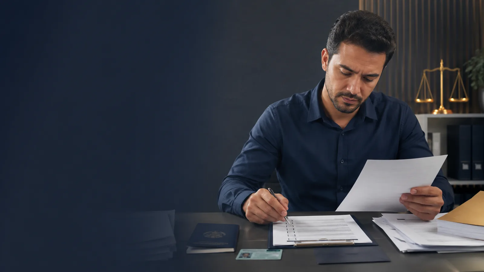 Trabalhador conferindo documentos relacionados à rescisão do contrato de trabalho.