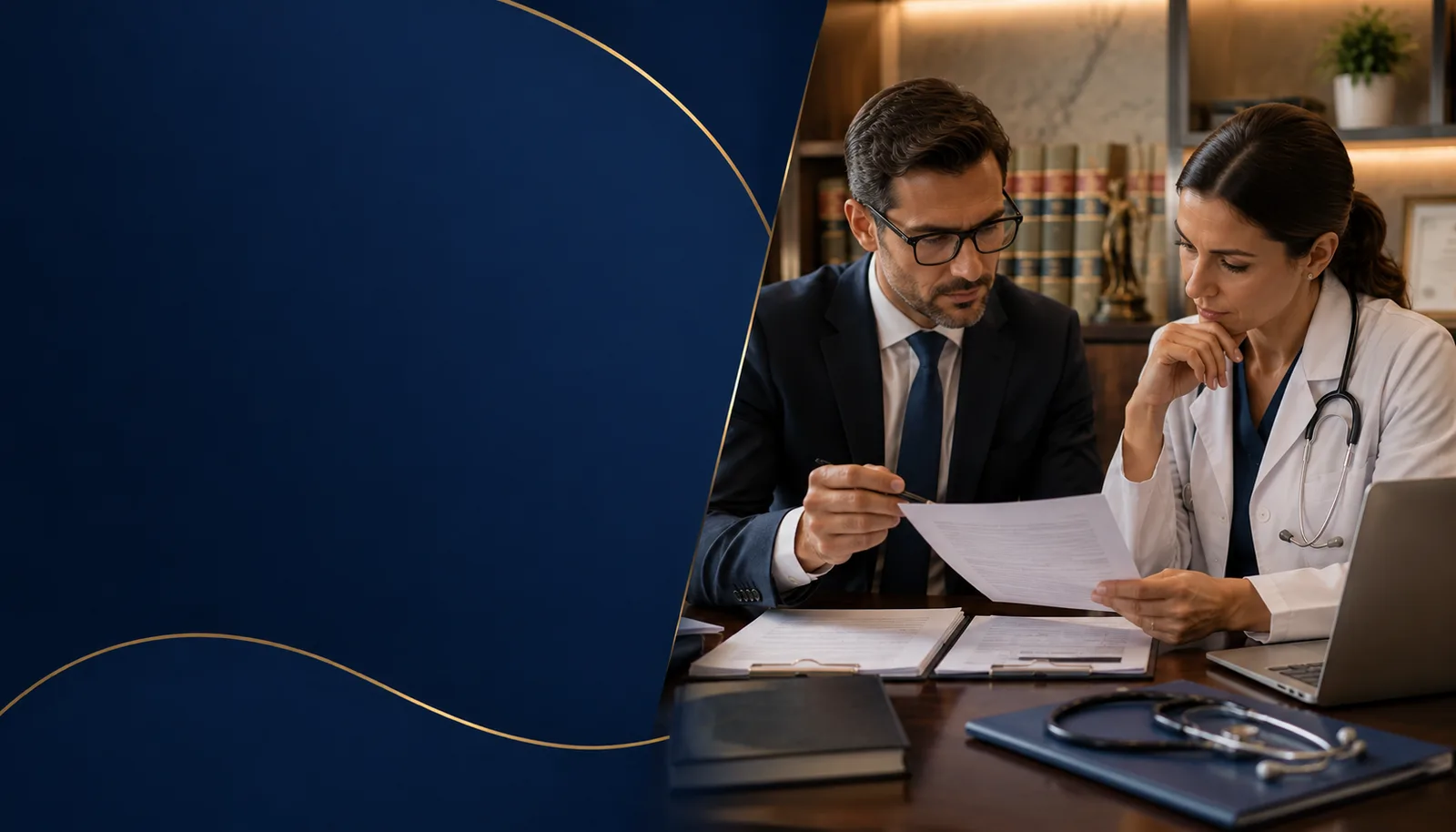 Médica e advogado analisando registros e documentos relacionados à responsabilidade civil médica.