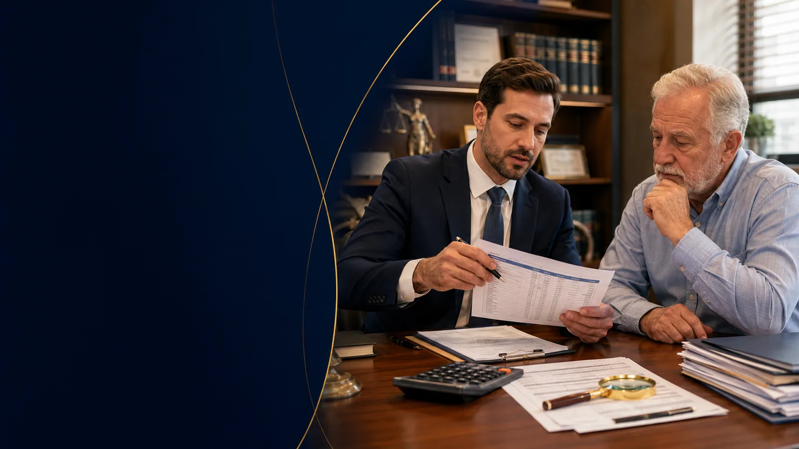 Profissional analisando cálculos e documentos previdenciários com um homem idoso.